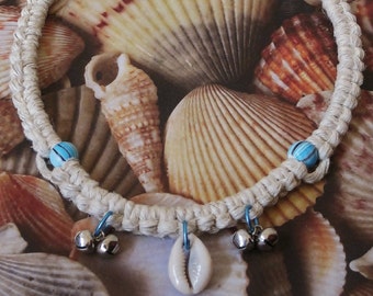 Cowrie Shell Pendant Wood and Bells Thick Natural Beach Hemp Choker/Necklace