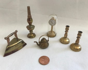 Dollhouse Vintage Collectible Miniature Brass Candle Holder Tea kettle Iron Lamp Anniversary Domed Clock - Lot
