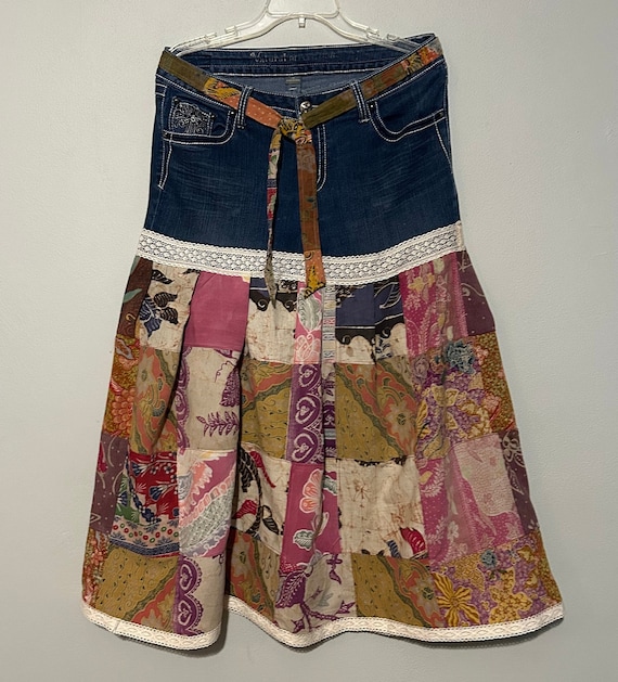 Patchwork Fabric Denim Overall Skirt Quilt Jean Skirt With Bling