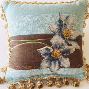 Vintage Medley Blue Flora Pillow 10&quot;x10&quot; in Aqua-Brown multi background with beige ball fringe accent .