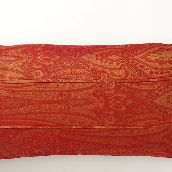 Harrington Collection Paisley Patchwork Silk Cover only Pillow 21"x13" on Red Spice background with a clean edge accent to compliment.