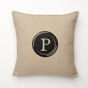 Retro Typewriter P Font Letter Cover only Pillow black on a beige background with stitched edge accent to compliment.