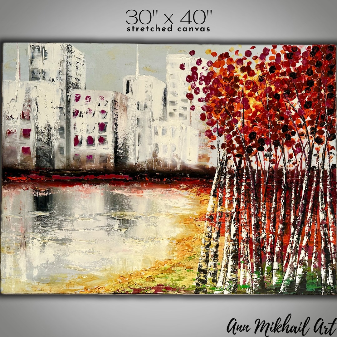 Original Oil Painting Abstract Cityscape Modern Birch Aspen Trees ...