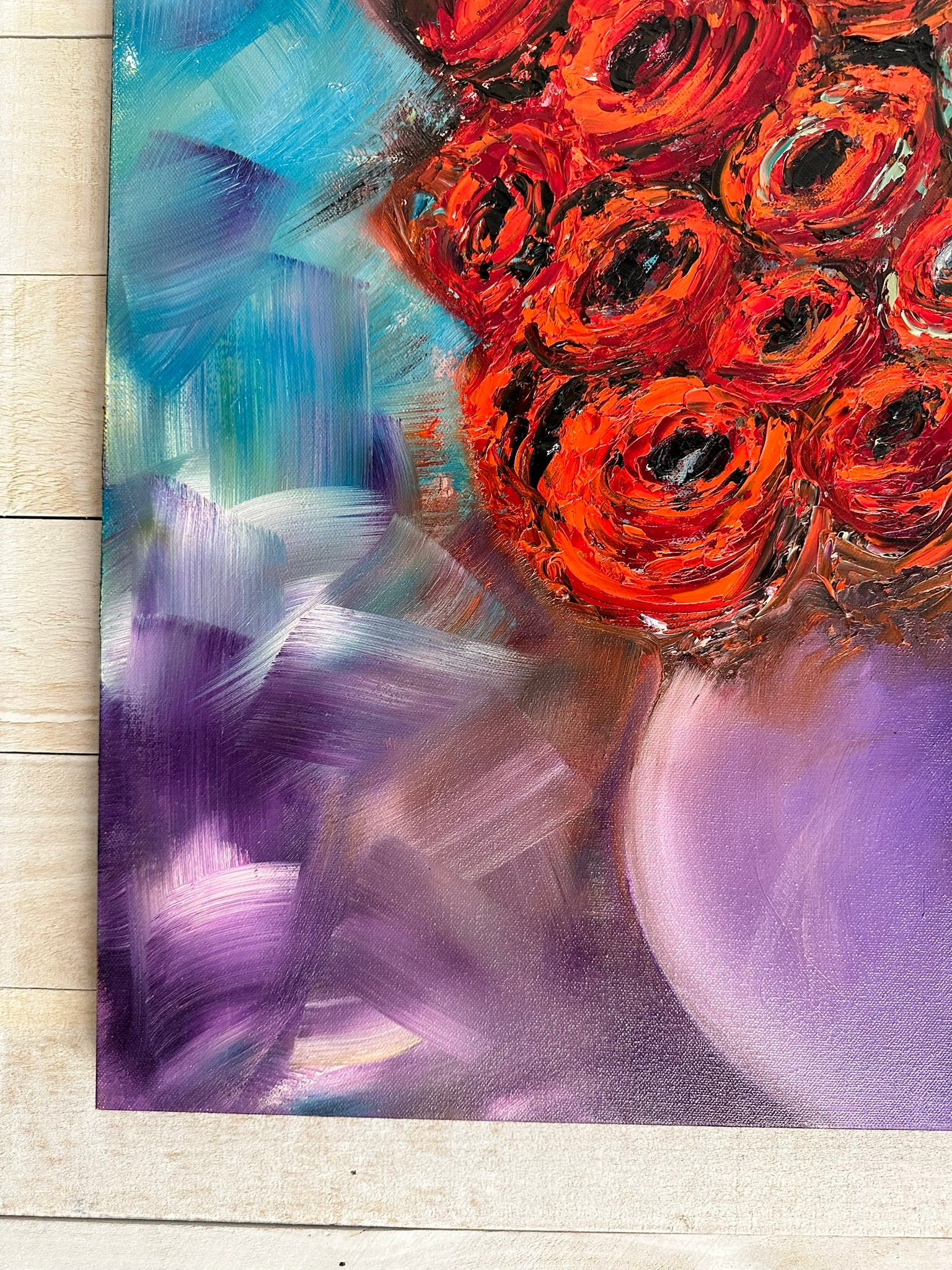 Textured Abstract Original Oil Painting Blue Red Purple Roses in Vase ...