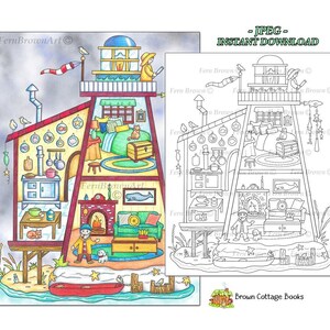 Lighthouse Dollhouse Coloring Page Instant Download Printable File Line Art Dolls (JPEG) by Fern Brown - Hand-Drawn Illustration