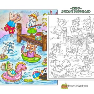 Lake Fun Animals Coloring Page Instant Download Printable File Line Art (JPEG) by Fern Brown - Hand-Drawn Illustration