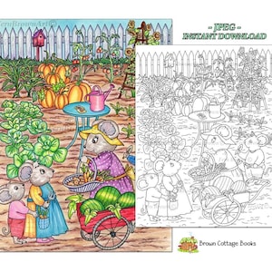 Dibujo para colorear de un jardín de ratones, arte animal dibujado a mano para imprimir por Fern Brown