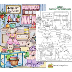 Mouse Laundry Room Coloring Page Instant Download Printable File Line Art Animals (JPEG) by Fern Brown - Hand-Drawn Illustration