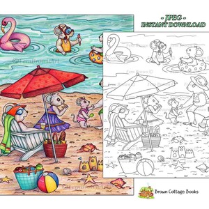 Mouse Beach Fun Coloring Page, Animal Summer Printable Art, Instant Download Line Art (JPEG) by Fern Brown, Hand Drawn Illustration