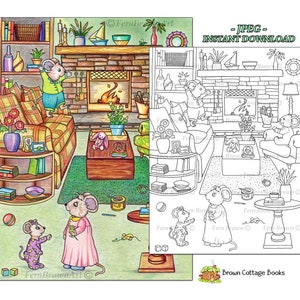 Mouse Living Room Coloring Page, Animal Home Printable Art, Instant Download Line Art (JPEG) by Fern Brown, Hand Drawn Illustration