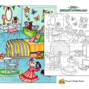 Mouse Girl’s Bedroom Coloring Page, Printable Hand-Drawn Animal Art by Fern Brown