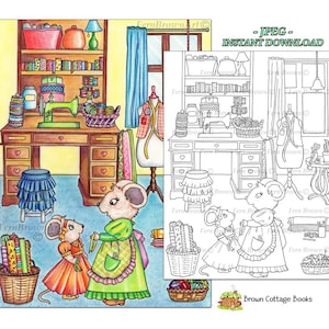 Mouse Sewing Room Coloring Page, Animal Home Printable Art, Instant Download Line Art (JPEG) by Fern Brown, Hand Drawn Illustration
