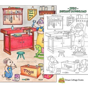 Mouse Workshop Coloring Page Instant Download Printable File Line Art Animals (JPEG) by Fern Brown - Hand-Drawn Illustration