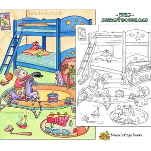 Mouse Bedroom Coloring Page, Cute Animal Home Printable Art, Instant Download Line Art (JPEG) by Fern Brown, Hand Drawn Illustration