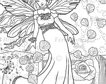 Fairy Rose Book Coloring Page, Printable Hand-Drawn Fantasy Art by Fern Brown
