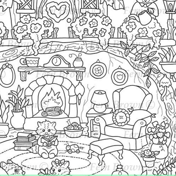 Burrow Coloring Page, Line Art, Animal Homes, Printable Download, Digital, Raccoon Home by Fern Brown (Hand-Drawn Illustration)