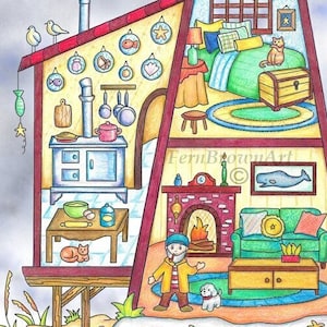 Lighthouse Dollhouse Coloring Page, Instant Download Line Art by Fern Brown, Hand-Drawn