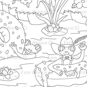 Frog Donut River Coloring Page, Digital Download, Hand Drawn Line Art by Fern Brown