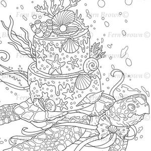 Turtle Birthday Cake Coloring Page, Hand Drawn Animal Dessert Line Art by Fern Brown