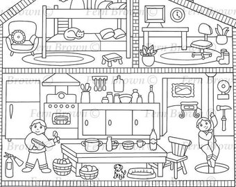 Doll house Coloring Page, Firemen, Fire Department, Instant Download, Line Art, Firehouse Dollhouse by Fern Brown (Hand-Drawn Illustration)