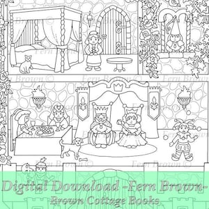 Castle Dollhouse Royalty Dolls Coloring Page Instant Download Printable File Line Art (JPEG) by Fern Brown - Hand-Drawn Illustration