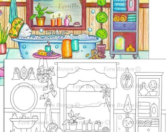 Rabbits, Animals, Coloring Page, Printable Download, Line Art, Bunny Bath Time by Fern Brown (Hand-Drawn Illustration)
