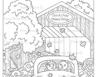 Rabbits, Animals, Coloring Page, Printable Download, Line Art, Bunny Autumn Drive by Fern Brown (Hand-Drawn Illustration)