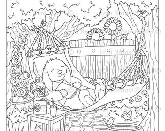 Animals, Coloring Page, Printable Download, Bunnies, Line Art, Bunny Dad Relaxing by Fern Brown (Hand-Drawn Illustration)