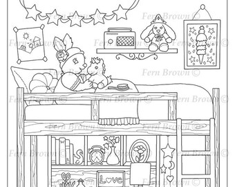 Animals, Coloring Page, Printable Download, Bunnies, Line Art, Bunny Girl Bedroom by Fern Brown (Hand-Drawn Illustration)