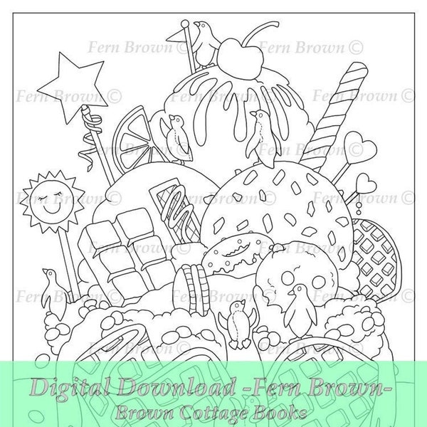 Coloring Page, Animals, Line Art, Printable Download, Food, Penguin Ice Cream Berg by Fern Brown (Hand-Drawn Illustration)