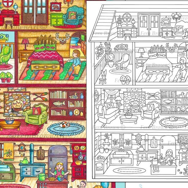 Doll house Coloring Page, Rustic Home, Hunting Lodge, Instant Download, Line Art, Cabin Dollhouse by Fern Brown (Hand-Drawn Illustration)