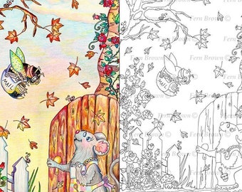 Mice, Bee, Adult Coloring Page, Animal Artwork, Line Art, Printable Download, Mouse Mail by Fern Brown (Hand-Drawn Illustration)