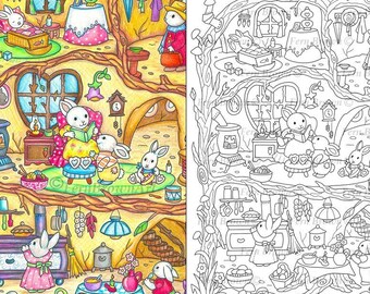 Bunnies, Rabbits, Coloring Page, Line Art, Animal Home, Printable Download, Digital, Bunny Burrow by Fern Brown (Hand-Drawn Illustration)