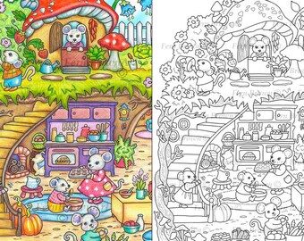 Mice Coloring Page, Line Art, Animal Homes, Printable Download, Digital, Mouse Burrow by Fern Brown (Hand-Drawn Illustration)