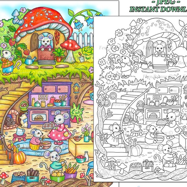 Mice Coloring Page, Line Art, Animal Homes, Printable Download, Digital, Mouse Burrow by Fern Brown (Hand-Drawn Illustration)