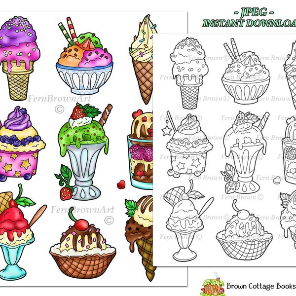 Adult Coloring Page, Dessert, Sweet Treats, Food, Line Art, Printable Download, Ice Cream by Fern Brown (Hand-Drawn Illustration)