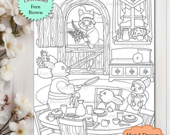 Animals, Coloring Page, Printable Download, Bunnies, Line Art, Bunny Grandparents Breakfast by Fern Brown (Hand-Drawn Illustration)