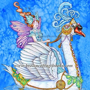 Fairy Swan Fantasy Coloring Page, Printable Line Art, Adult Coloring Download by Annie Brown, Hand-Drawn JPEG Illustration