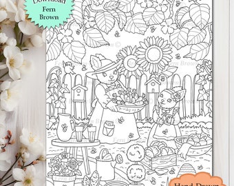 Flowers, Rabbits, Animals, Coloring Page, Printable Download, Bunnies, Line Art, Bunny Garden by Fern Brown (Hand-Drawn Illustration)