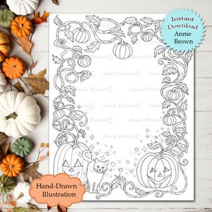 Pagina da colorare con zucche e gatti di Halloween, download immediato, file stampabile, Line Art (JPEG) di Annie Brown - Illustrazione disegnata a mano