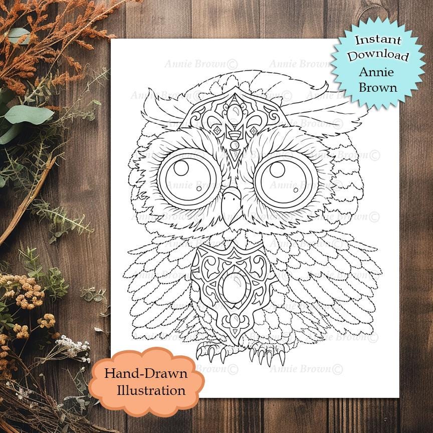 Owl Cutie Fantasy Coloring Page Instant Download Printable File Line Art (JPEG) by Annie Brown - Han