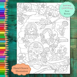Bee Hive Home kleurplaat Instant Download afdrukbaar bestand Line Art Bugs (JPEG) van Fern Brown - handgetekende illustratie