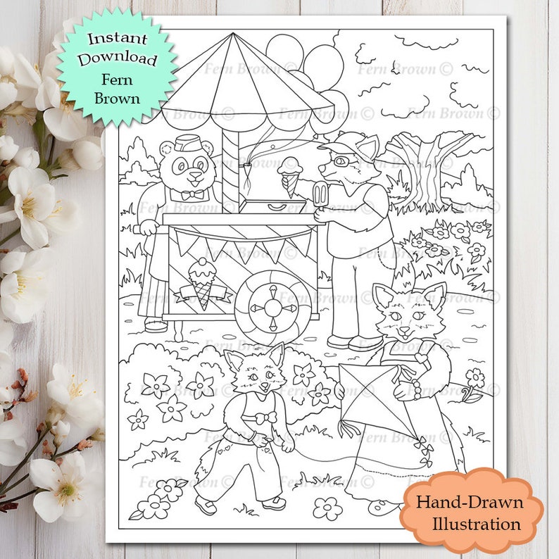 Fox Coloring Page, Ice Cream, Animals, Foxes, Instant Download, Line ...