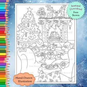 Coloriage de Noël renard fichier imprimable téléchargement immédiat dessin au trait animaux vacances (JPEG) par Fern Brown - Illustration dessinée à la main