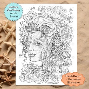 GRAYSCALE Lionfish Mermaid Coloring Page, Fantasy Printable JPEG by Annie Brown
