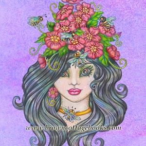 Fantasy Coloring Page, Honeybee Maiden Art, Adult Coloring Printable, Line Art Download by Annie Brown, Hand-Drawn JPEG File
