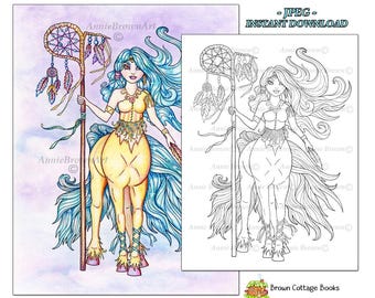 Coloriage fille centaure, dessin au trait imprimable par Annie Brown, Illustration JPEG dessinée à la main