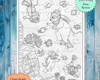 GRAYSCALE Mouse Scuba Diving Animals Coloring Page Instant Download Printable File (JPEG) by Fern Brown - Hand-Drawn Illustration