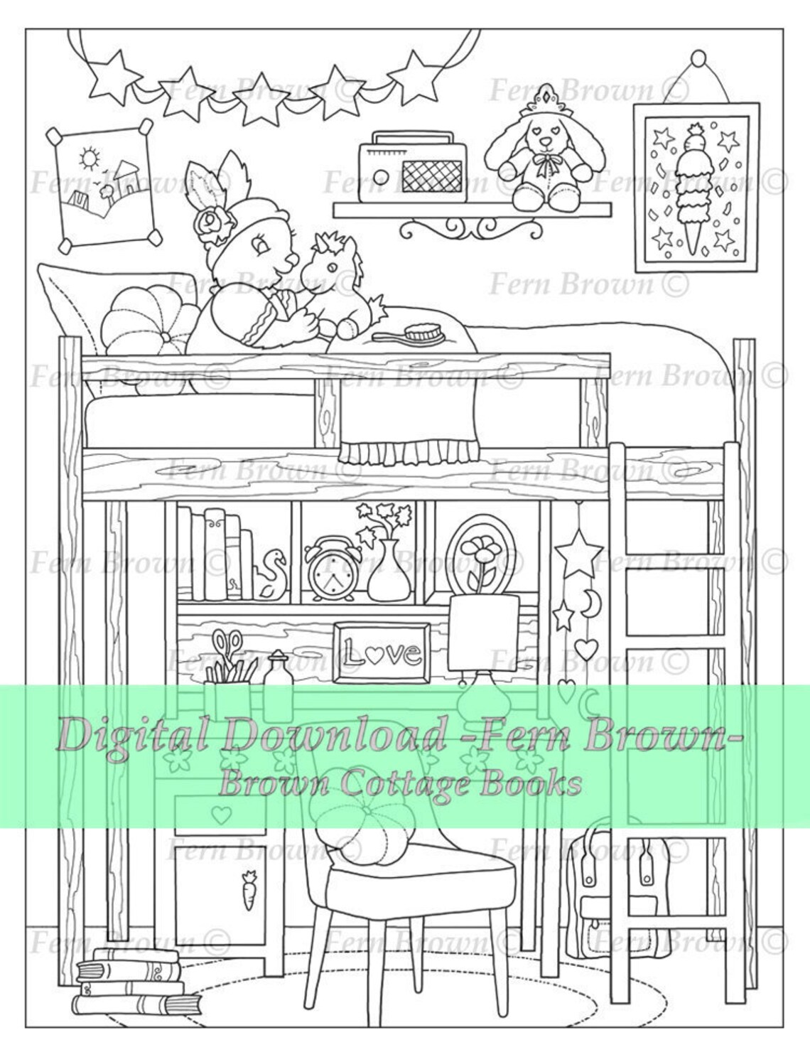 Bunny Bedroom Coloring Page Instant Download Printable File Line Art ...