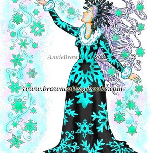 Snow Flake Princess Coloring Page, Fantasy Printable Art, Adult Coloring Download by Annie Brown, Hand-Drawn Line Art Illustration (JPEG)